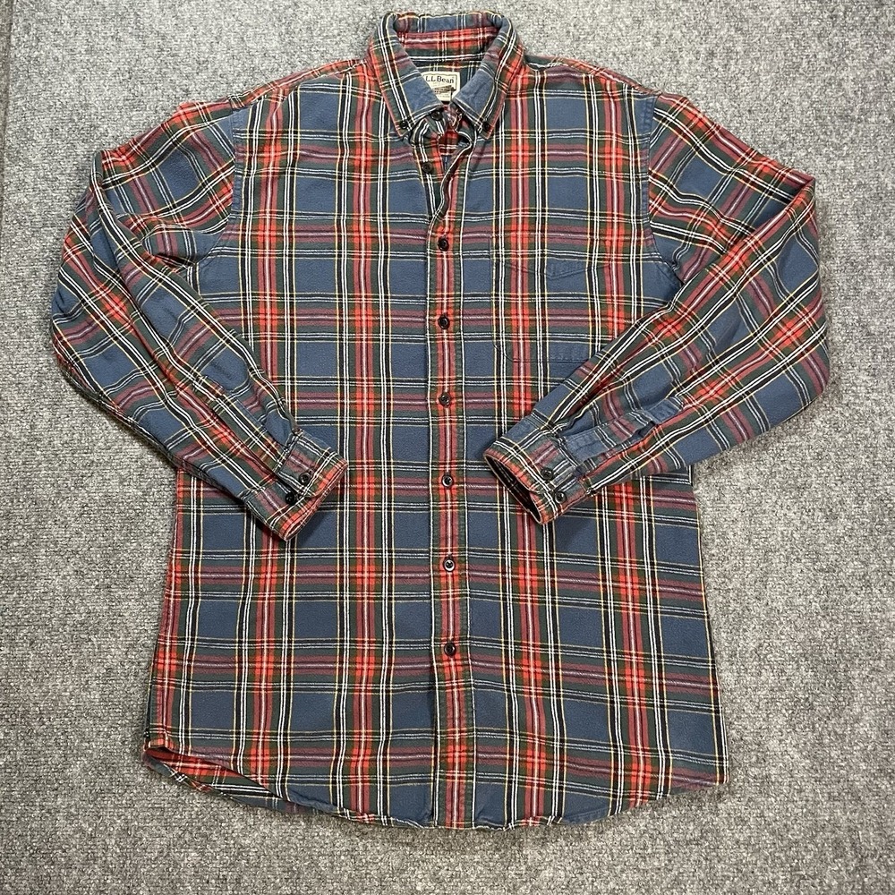 LL Bean Tartan Plaid Button Down Shirt Mens M Tall Blue Red Long Sleeve Flannel